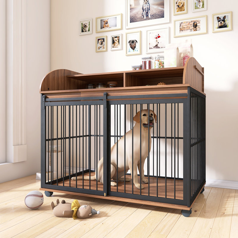 Grande cage pour chien avec roues verrouillables, Brun