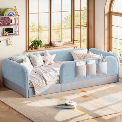 Twin Size Kids Upholstered Floor Bed, Montessori Low Bed with Safety Rails, Side Pocket, Teddy Fleece Frame, Blue