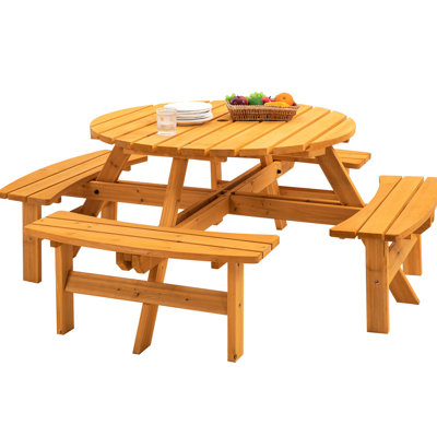 8 Person Wooden Picnic Table, Outdoor Camping Enjoyant, Dining With Seat, Garden, 4 Benches, 2220lb Capacity, Natural Wood Finish Table - & Garden Use, Benches