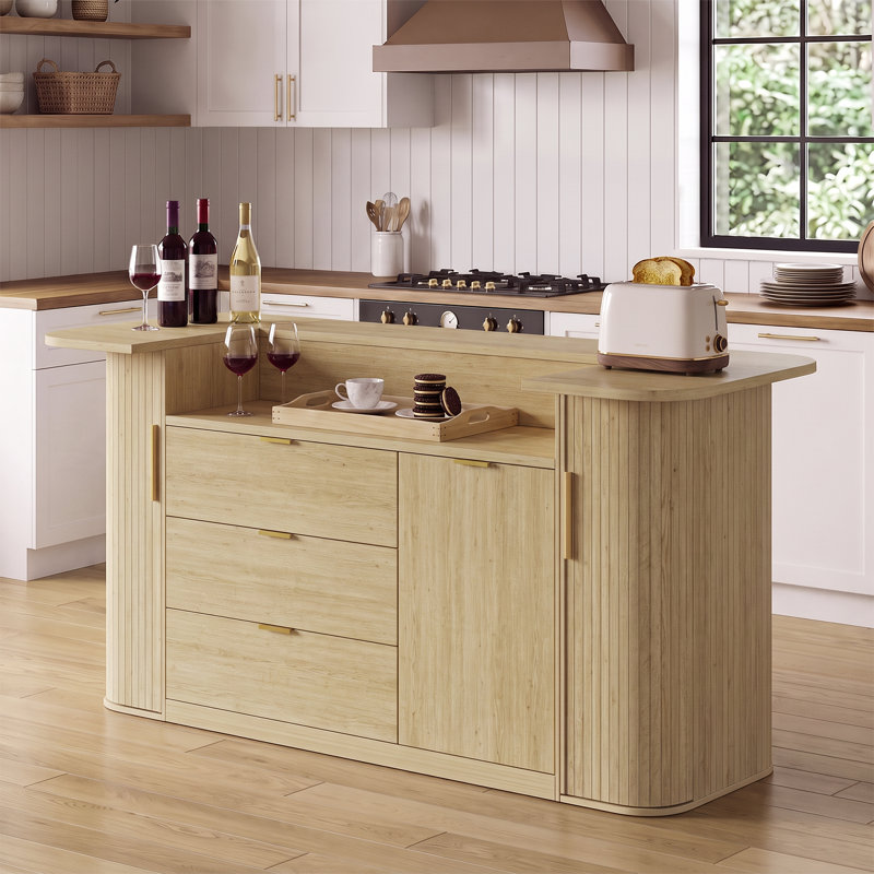 Îlot de cuisine de 200 cm (78,7 po) avec 2 armoires et 3 tiroirs, table d'îlot avec rangement pour poubelle, naturel