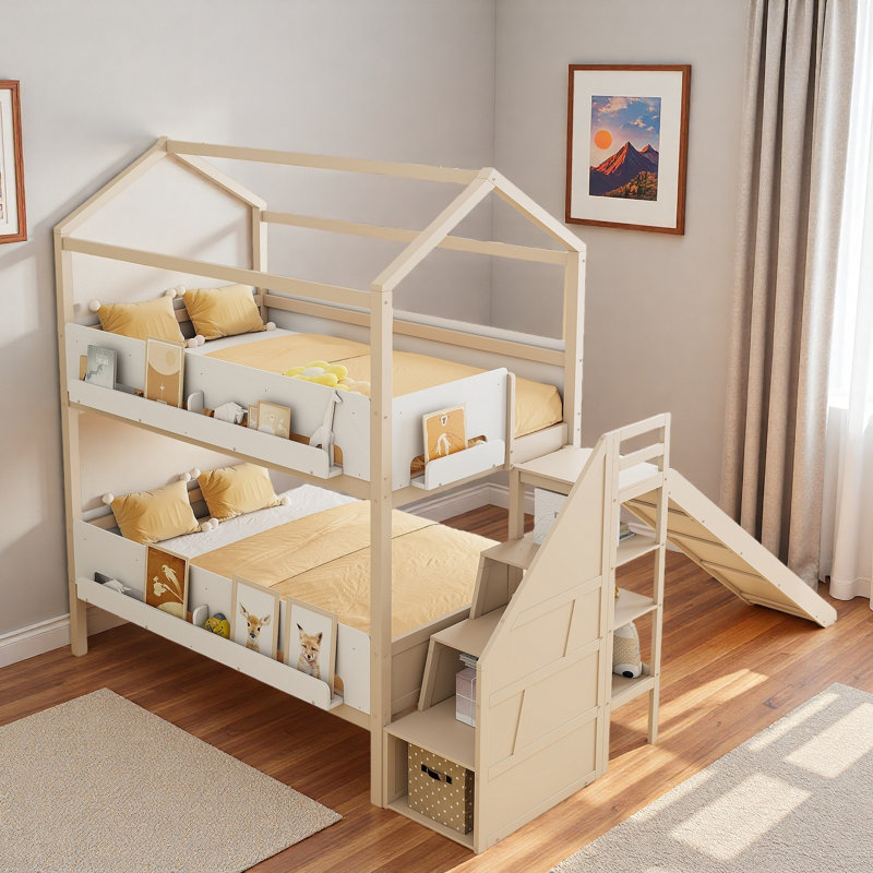Lit superposé en forme de maison avec escalier de rangement, tablettes de présentation et glissade, Beige
