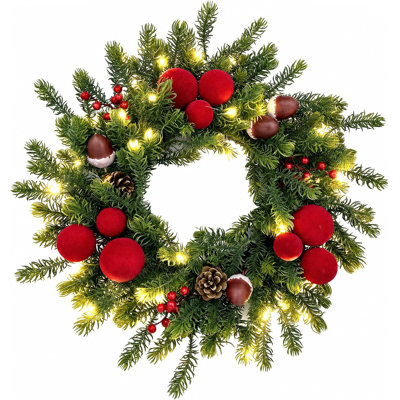 Couronne de Noël pré-illuminée de 50 cm (20 po) avec 20 DEL à piles et 8 modes, design rustique avec pommes de pin pour l'intérieur et l'extérieur