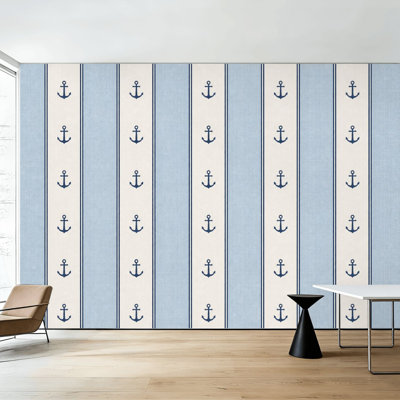 Papier peint adhésif à rayures bleues et blanches, motif ancre nautique, 254 cm (H) x 366 cm (L), amovible, en PVC, pour chambre, salon ou bureau.