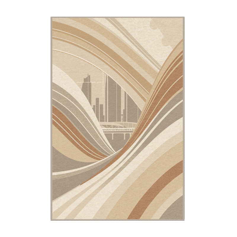 Machine Washable Orkan Singapore Marina Bay Sleek & Chic Modern Arc Rug in Beige – Beige Binding, 8x10
