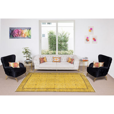 6x9.5 Ft Handmade Turkish Floral Patterned Rug Over-Dyed in Yellow for Contemporary Interiors