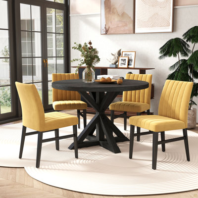 Walton 5-Piece Round Dining Set, Cross-Buck Round Table with 4 Side Chairs, Yellow