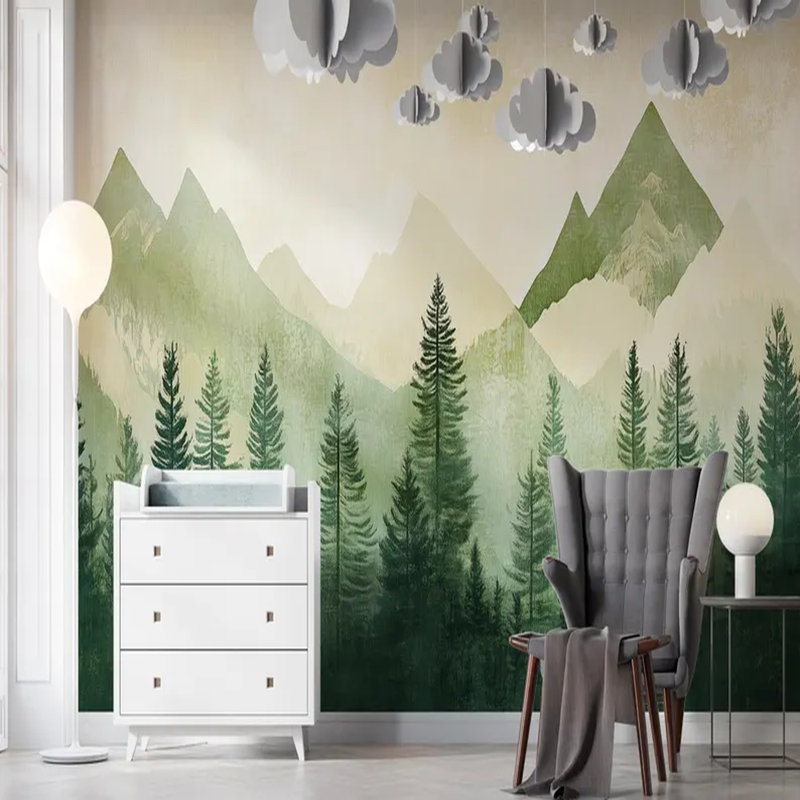 Murale silhouette montagne forêt, L 96 po x l 108 po