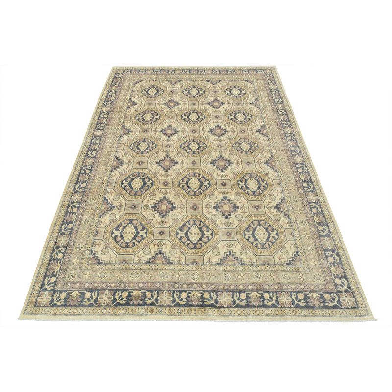 Tapis bleu / beige en laine noué à la main de conception unique 10 pi 2 po x 14 pi 3 po