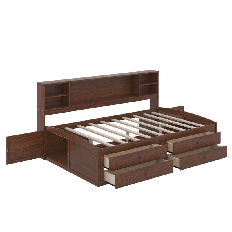 Full Size Wooden Captain Bed With Built-In Storage Shelves, 4 Drawers And 2 Cabinets