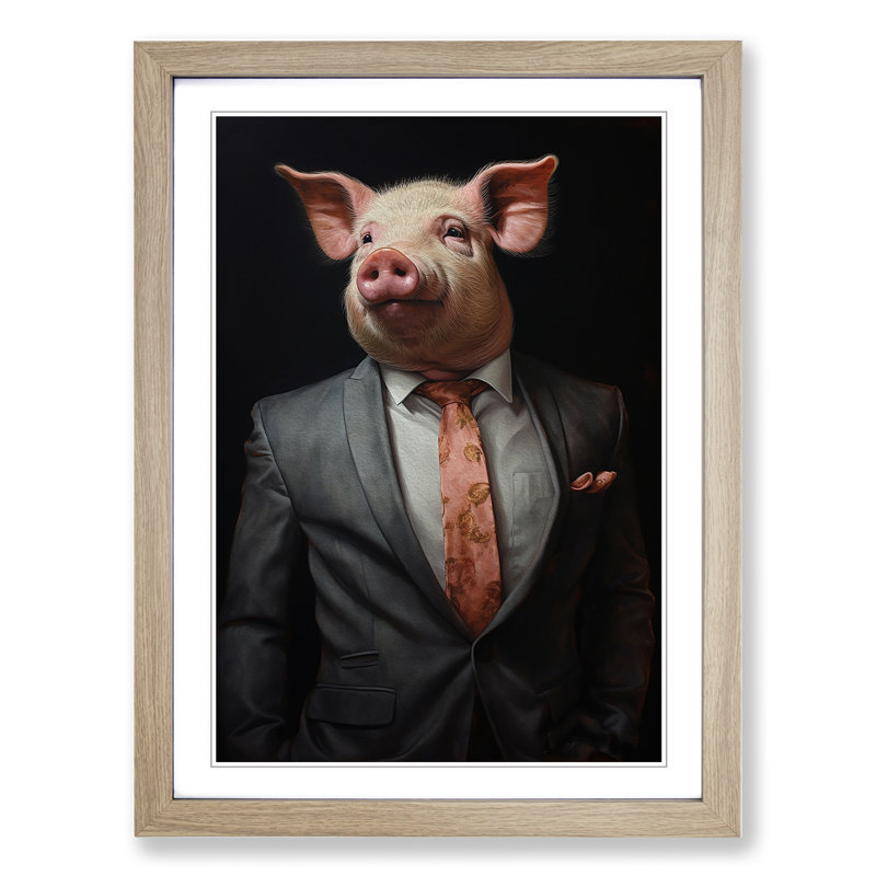 Pig In A Suit No.3 - Single Picture Frame Print on Wood, 34cm H x 25cm W x 2cm D, Oak