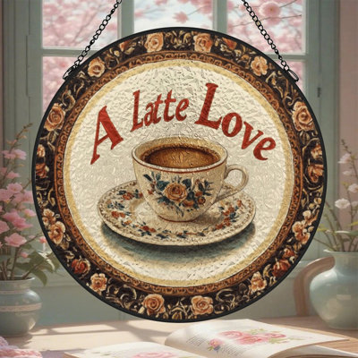 A Latte Love With Floral Cup Stained Glass Panels Suncatcher for Window Decor