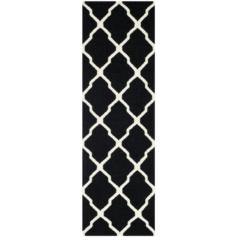 Rodgers Hand Woven Flat Weave Wool/Cotton Geometric Rug in Black/Ivory, Runner 2'6" x 12'