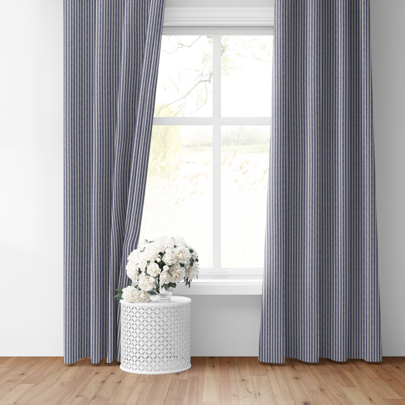 Walker Ticking Stripe Indigo/Ivory Cotton Simple Top Pocket Drapery Panel Set of 2, 50" W x 48" L