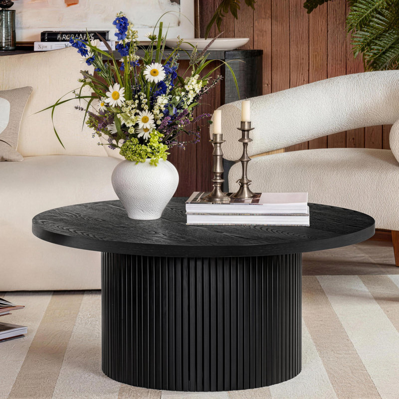 Pedestal Wood Round Coffee Table, Black, 45cm H x 90cm W x 90cm D