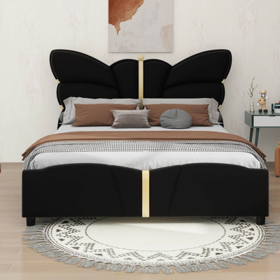 Platform Bed With Butterfly Shaped Headboard And Footboard, Modern Upholstered Bed Frame With Metal Decorations
