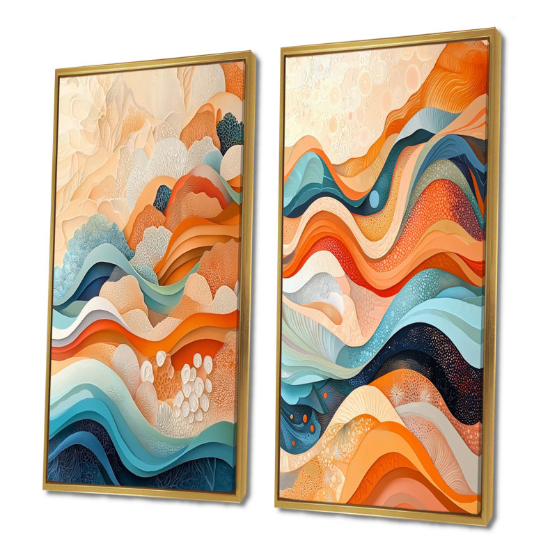 Orange Transitional Spriral Oceanic Waves I - Abstract Wall Decor 2 Panels, Gold Floater Framed, 40" H x 41" W