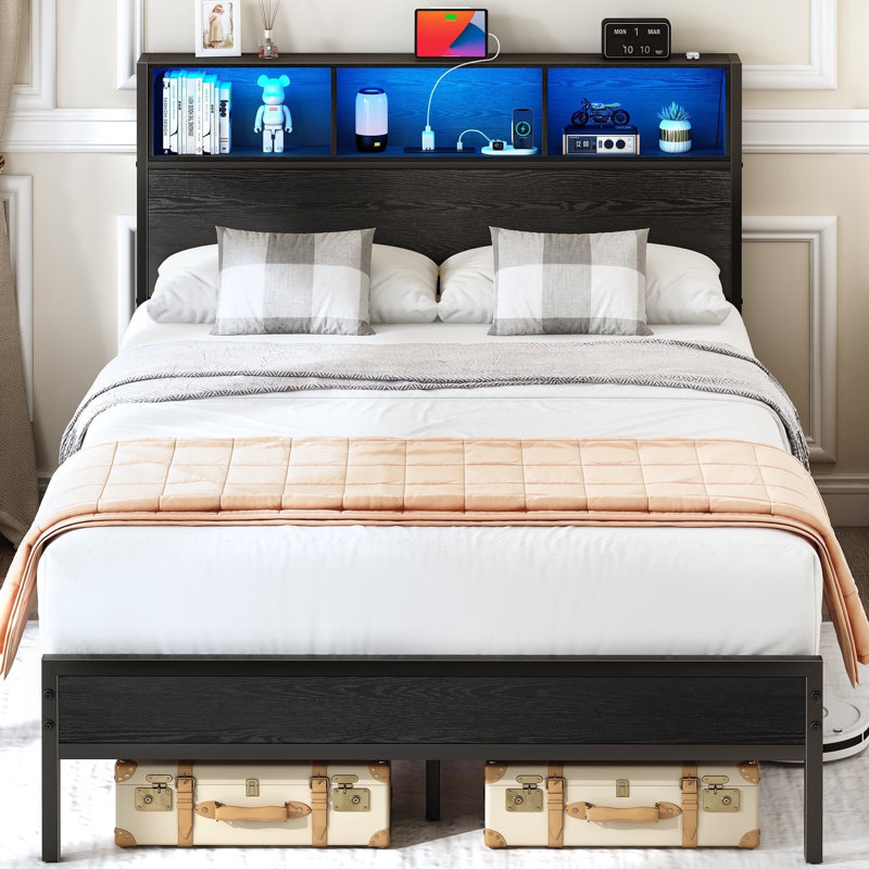 Yoobure Full Size Bed Frame With Headboard Metal Platform Bed With Led Lights And Charging Station,Wood Bed Frames With Footboard，Black