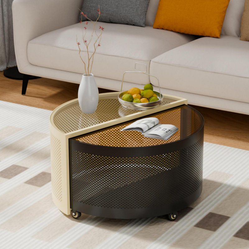  Table basse rotative moderne avec plateau en verre trempé et rangement, table d'appoint ronde rotative avec conception à deux couches pour le salon, la chambre à coucher
