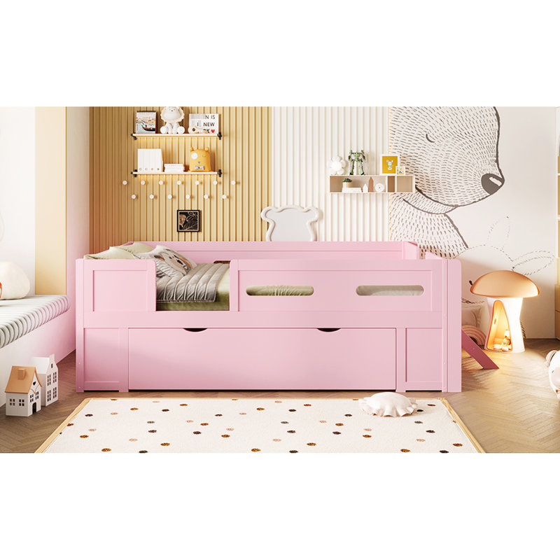 Lit plateforme rose en bois pleine grandeur avec tiroir de rangement et garde-corps, structure en pin +, garde-corps à assemblage simple, clôture semi-fermée, rangement multiple, fabrication, aucun sommier tapissier requis,