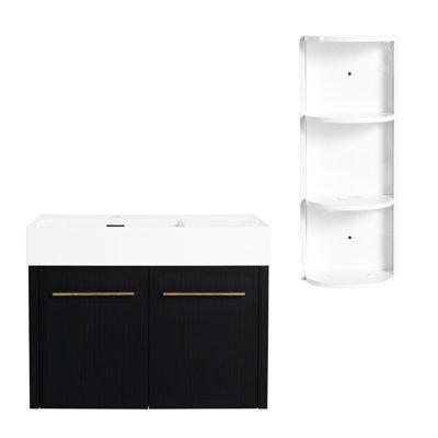 Combinaison de salle de bain avec meuble-lavabo de 30 pouces, lavabo en résine épaisse, capacité de rangement à double porte, charnières à fermeture en douceur et support à trois tablettes assorties, armoire à bord scintillant noir de couleur châtaignier