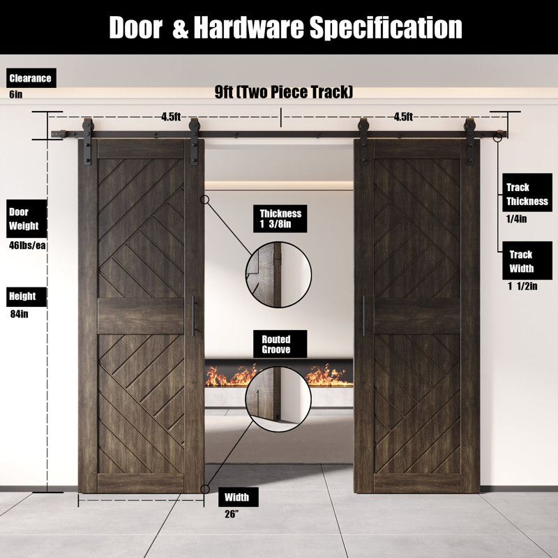 Portes de grange à motif géométrique non assemblé et fini 26 po x 84 po Homacer Ebony, 26" x 84"