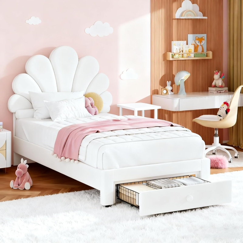 Structure de lit simple en velours pour enfants, style princesse, 2 tiroirs de rangement, tête de lit tapissier, blanc, Pink