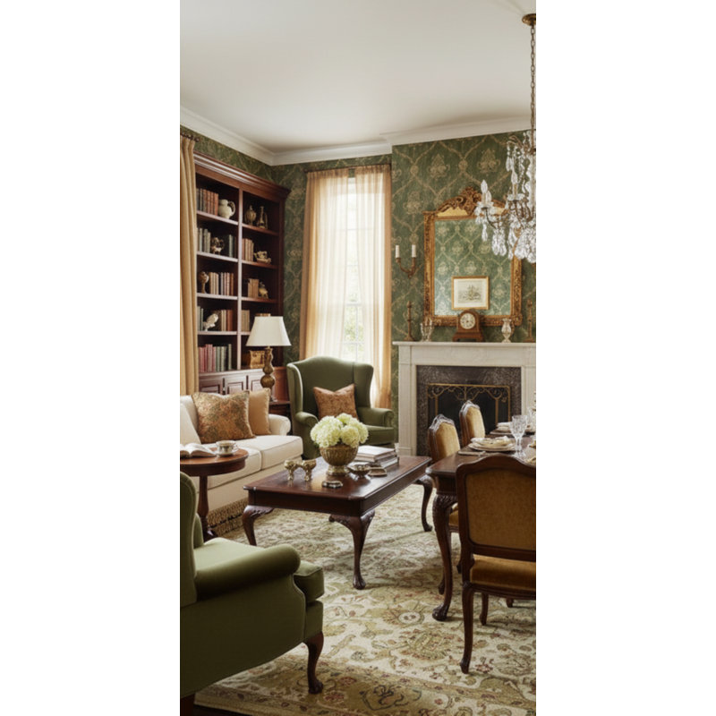 Damask Roll, Greens/Beige/Tan