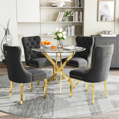 36" Round Glass Dining Set, Modern Velvet Upholstered Chairs with Cross Stainless Steel Base