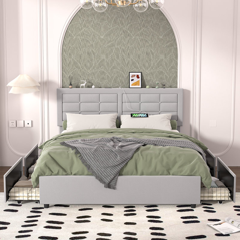 Kempst Queen Size Storage Bed Frame with 4 Storage Drawers and Button Tufted Adjustable Headboard, Upholstered Platform Bed with USB & Type C Charge Station, Wooden Slats Support, No Box Spring Needed