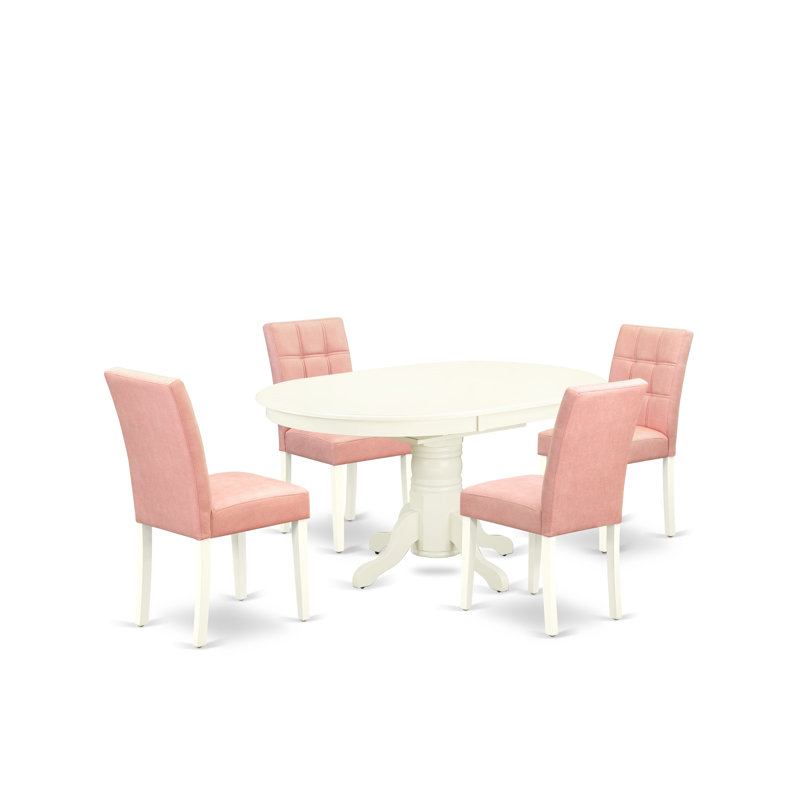 5 Piece Kitchen Table Set Includes A Wooden Table and 4 Beige Red Polyester Fabric Upholstered Dining Chairs with Stylish Back- Linen White Finish