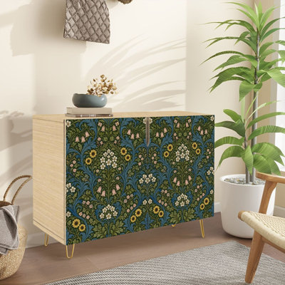 Buffet buffet avec rangement à motif floral damassé et fleurs sauvages bleues rétro avec 2 portes pour le salon et la cuisine