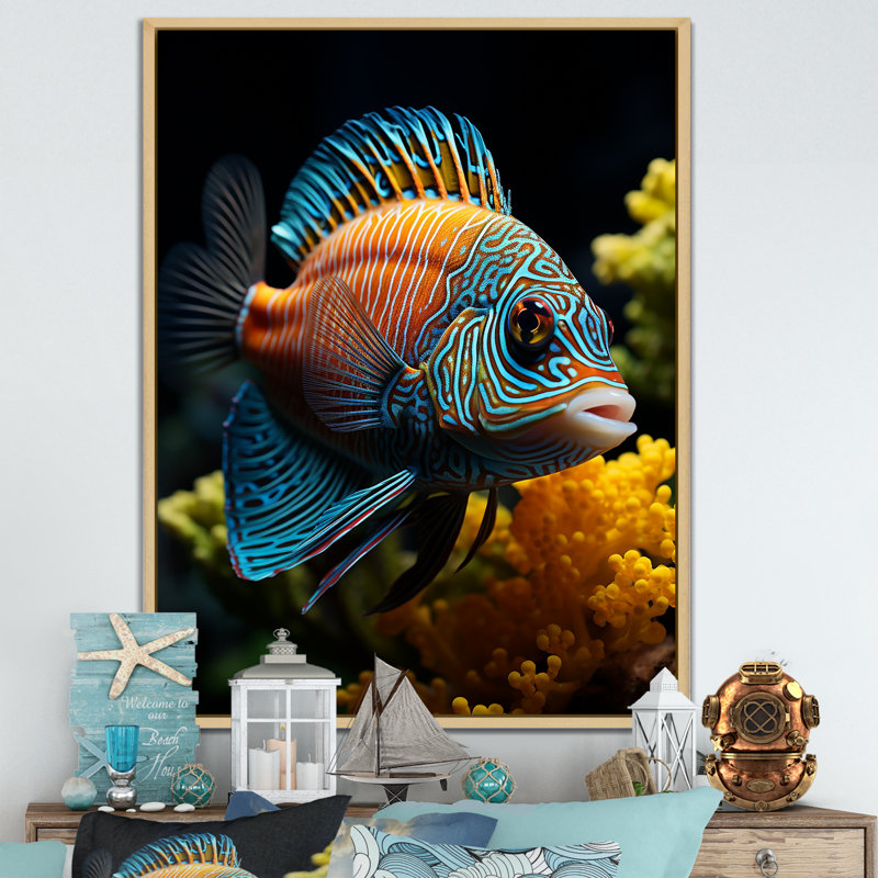 Corail papillon et aigue-marine - poisson, art mural, salon, Cadre naturel flottant, H 40 po x l 30 po