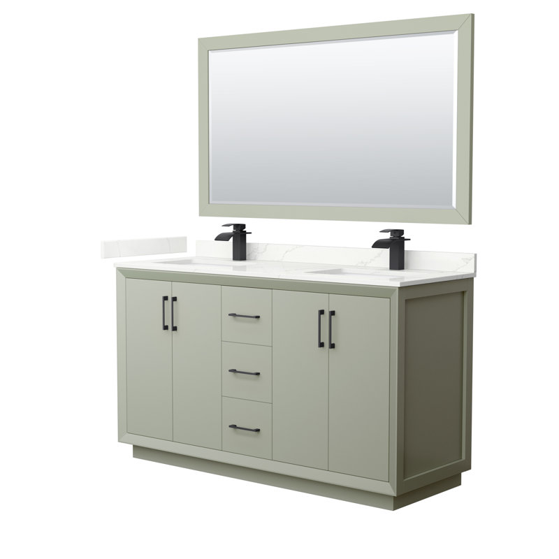 Strada 60'' W Double Vanity, Giotto Quartz, Light Green, Satin Bronze