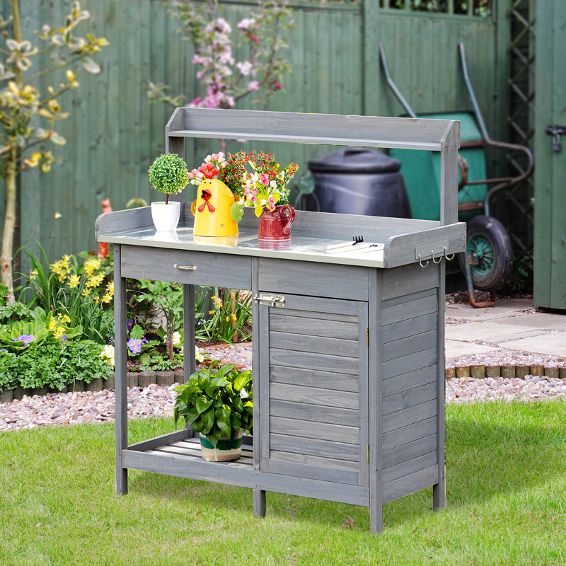 Table de jardinage, poste de travail extérieur avec espace de rangement supplémentaire, surface grise