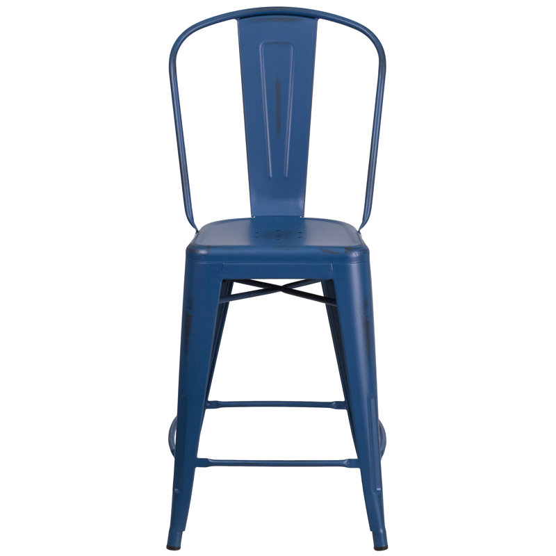 Commercial Grade Metal Indoor-Outdoor Barstool with Back, Blue, 71cm, 2