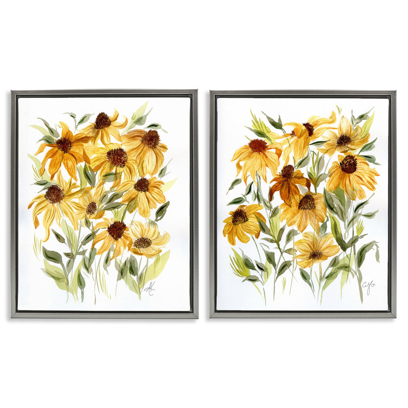  Ensemble de 2 toiles flottantes jaunes Rudbeckia par Alexandria Gilbert Kincaid, Cadre flottant gris lustré