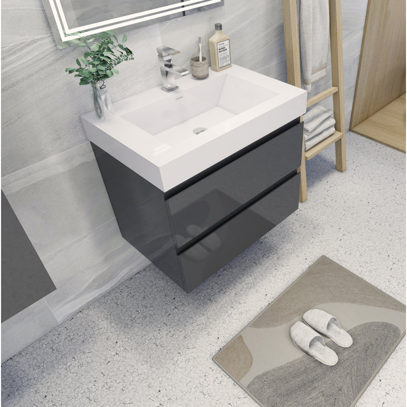 Arieyanna Single Bathroom Vanity with Wood, Acrylic Top, High Gloss Gray