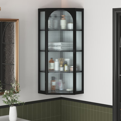 Meuble de coin mural avec porte vitrée, dimensions 56,5 x 40,5 x 105 cm, en métal noir, monobloc, avec 4 niveaux de rangement, idéal pour chambre, salon, salle de bain ou cuisine.