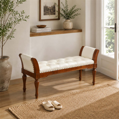 54 Inch Button Tufted PU Leather Ottoman Bench, Retro Upholstered End-of-Bed Bench with Plush Cushion, Solid Wood Frame for Entryway, Bedroom, Living Room, Foyer & Dining Room