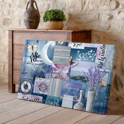 Toile un collage vibrant mettant en vedette un tableau de teintes mauves mettant en vedette des papillons délicats flottant au-dessus de tendres impressions sur toile florales