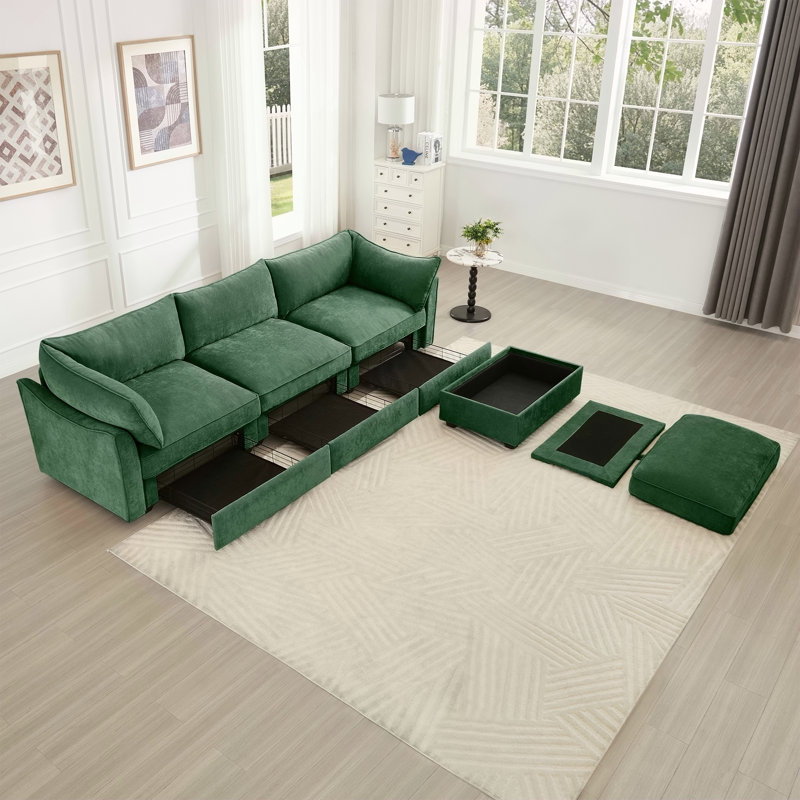 Canapé modulaire en L à 3 places avec repose-pieds mobile, assise large et profonde confortable, tissu chenille vert, Vert
