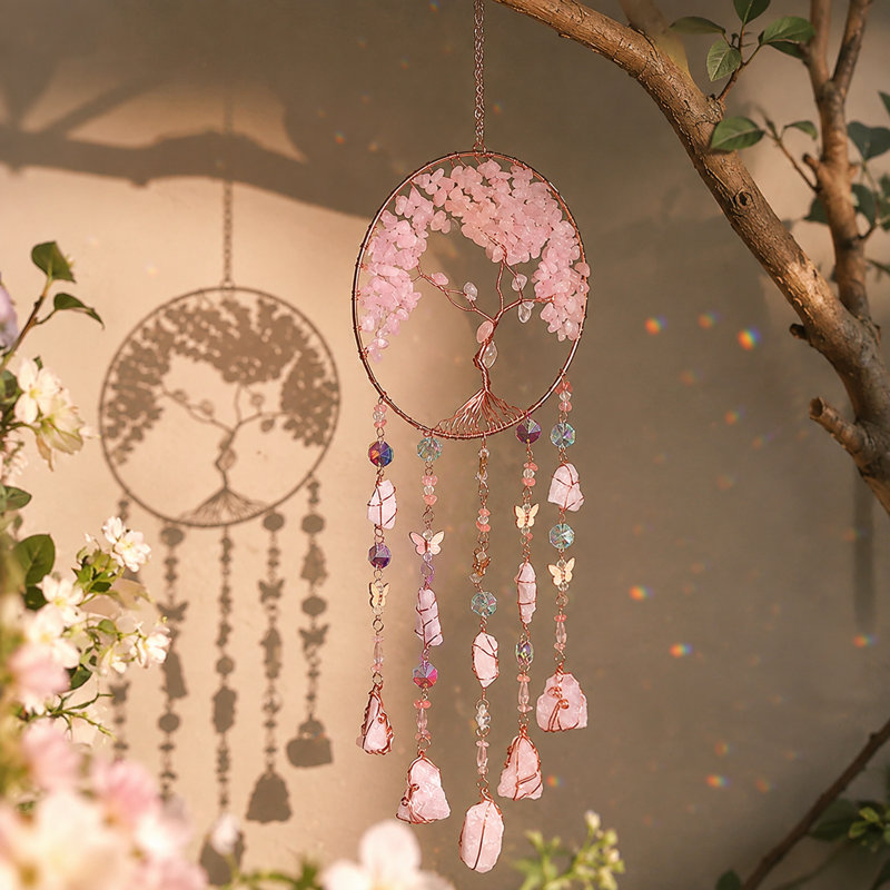 Carillon de fenêtre en cristal rose, fenêtre de cristal suspendue, décor de créateur arc-en-ciel, ornement spirituel boho