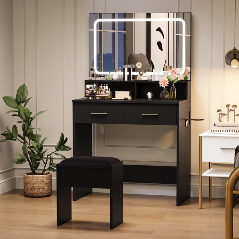 Bureau de maquillage avec miroir à DEL, prises de courant intégrées, 2 tiroirs, support pour sèche-cheveux, tabouret rembourré, ensemble de meuble-lavabo moderne, noir