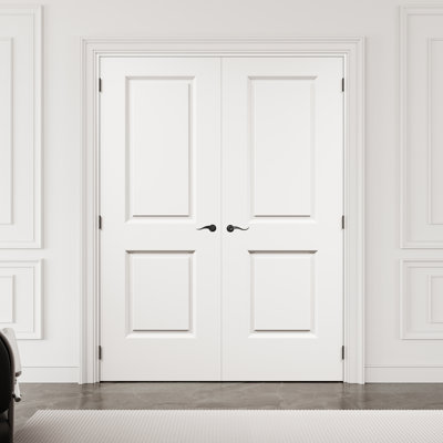 Porte française à 2 panneaux creux 60 po x 80 po avec quincaillerie noire et loquet et levier de porte, finition blanche et peinturable, durable et imperméable, combinaison pour la lessive, portes de placard, portes de pièce, assemblage requis