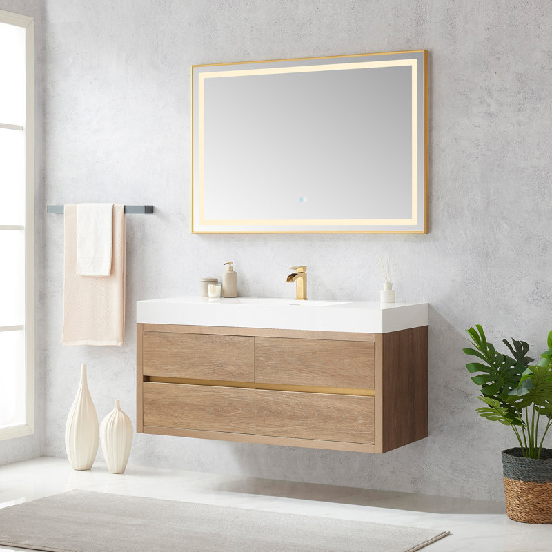 Kaushal 48'' Single Bathroom Vanity with Composite Top, North American Oak Finish, White