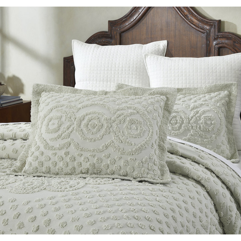 Sage Cotton Twin Bedspread with Tufted Chenille Design