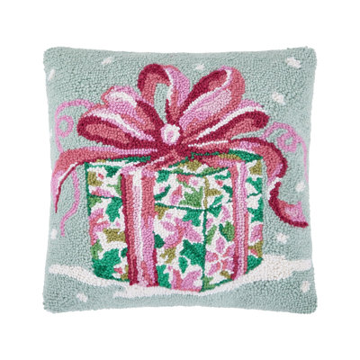 Coussin en laine crocheté rose et vert