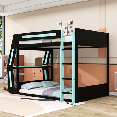 Lit superposé double en bois avec bande lumineuse, ports de charge et bureau