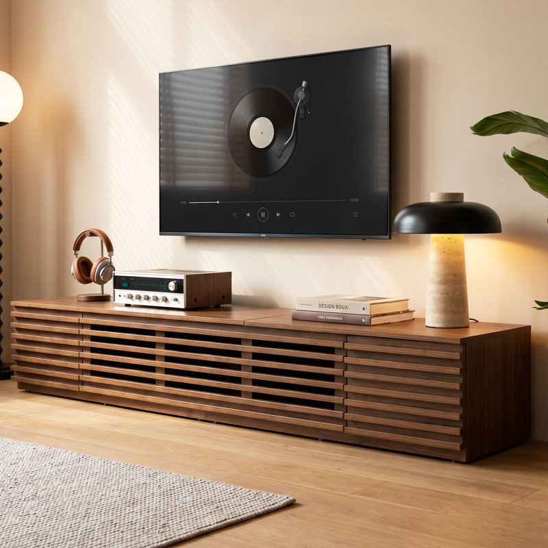 Meuble télé moderne à lattes de style Mid-Century, 70,8 po (180 cm), pour téléviseurs jusqu'à 80 po (203 cm), console multimédia basse à 5 compartiments avec porte abattante, noyer