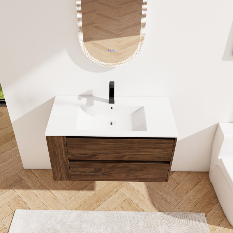 Meuble-lavabo de 36 po avec lavabo en céramique et tiroir à fermeture en douceur - Design tendance en contreplaqué de chêne brun